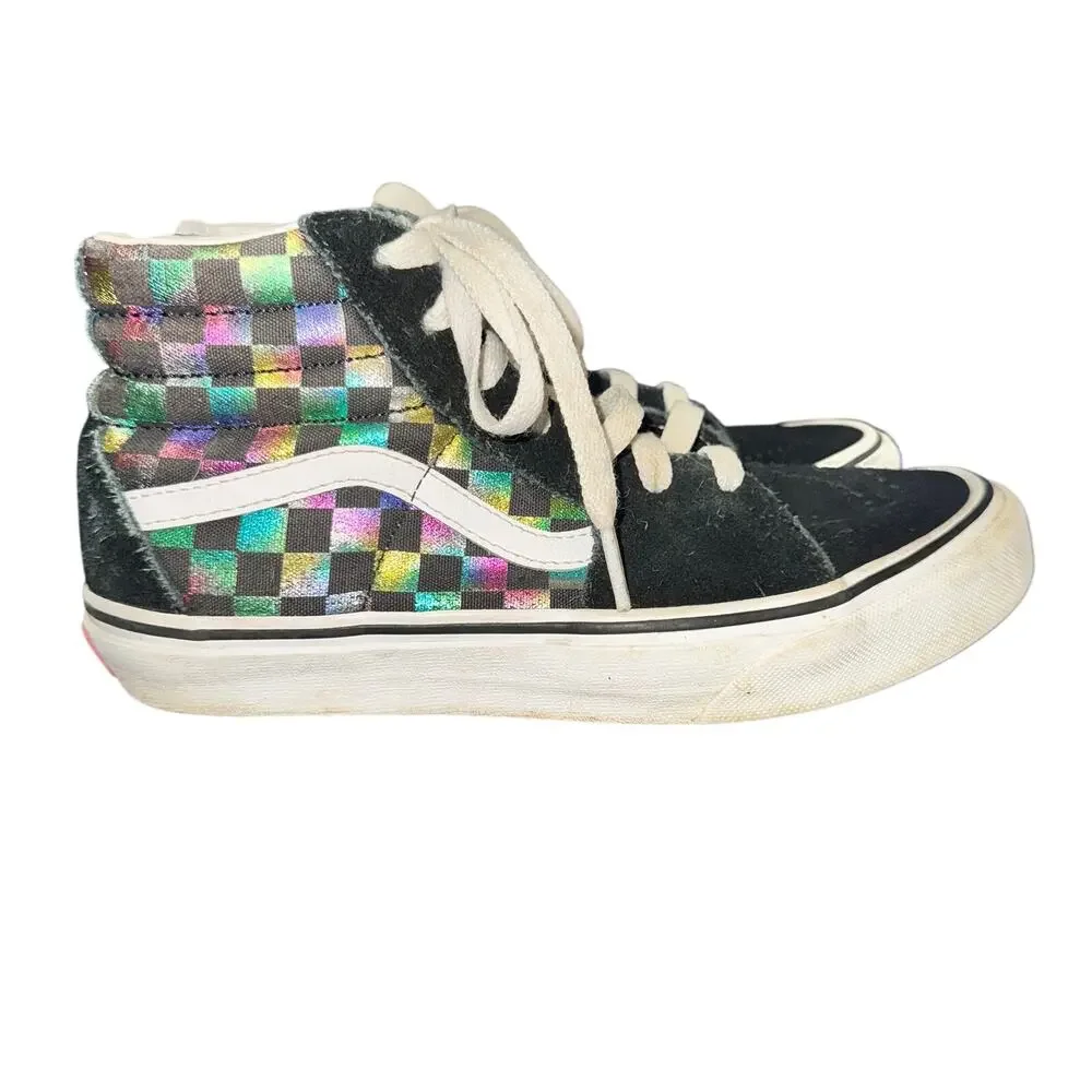 Vans SK8 Hi Sneakers Kids Size 3 Iridescent Rainbow Check Shoes Lace Up High Top